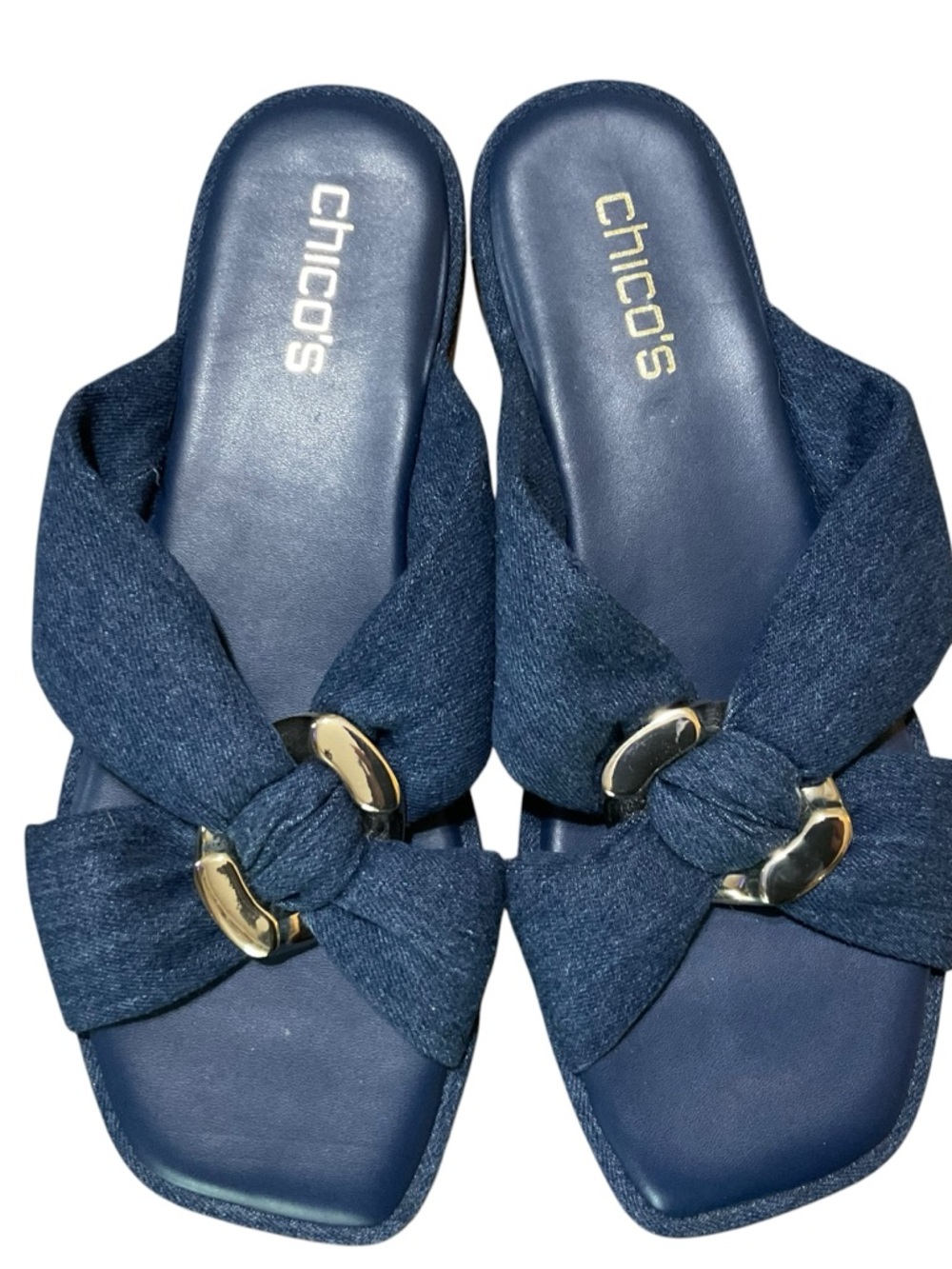 Chico’s Denim Bow Slide Sandals Gold Ring Detail Size 9M